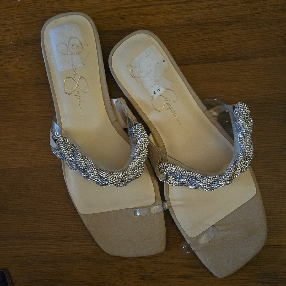 Jessica Simpson Tan Slide Sandals Rhinestone Braid Strap Clear Toe Ring  8.5 EUC
